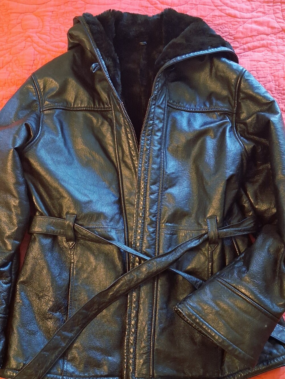 Womens Black Leather Faux Shearling Lined Belted Hooded Coat